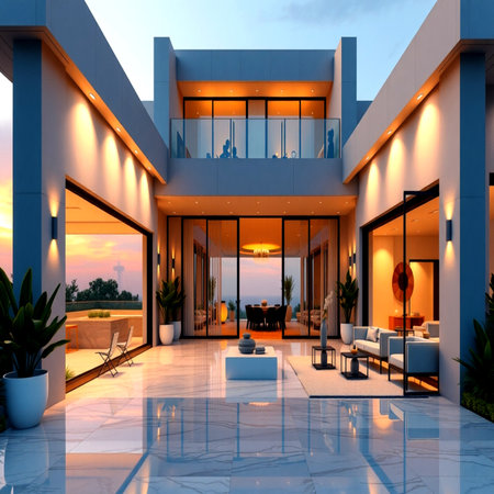 3d rendering of modern cozy house with pool and terrace at sunsetの写真素材