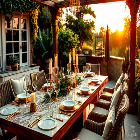 Beautiful table setting for a romantic dinner in the garden at sunsetの写真素材