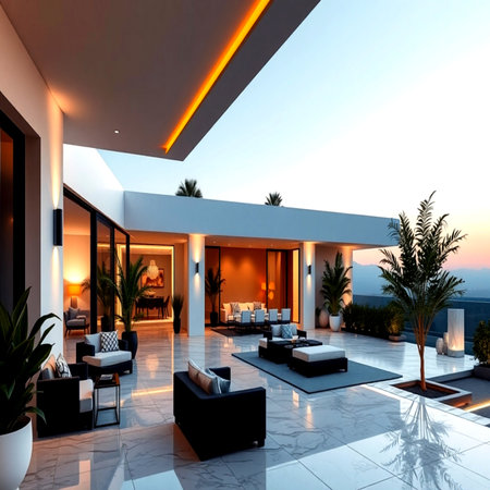 3d rendering of modern house with pool and terrace overlooking the seaの写真素材