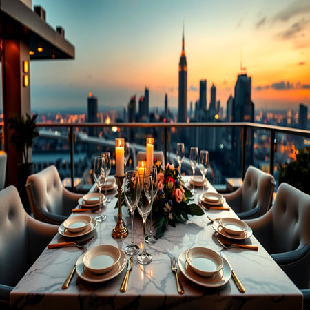Luxury table setting in a luxury restaurant with a view of the skyscrapers in the backgroundの写真素材