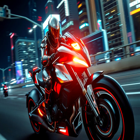 3d rendering of a futuristic motorbike in the city at nightの写真素材