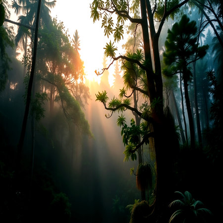 Tropical rainforest with fog and sunlight in the morning.の写真素材