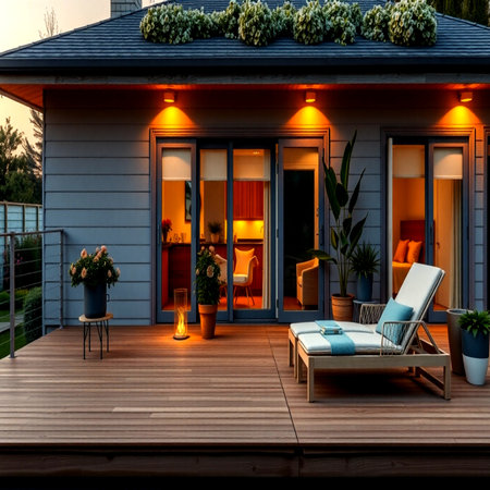 Wooden terrace of a modern house with a deck, chairs and flowersの写真素材