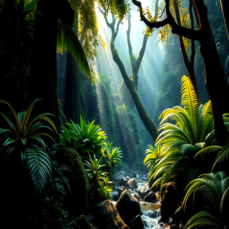 Beautiful tropical rainforest with sunbeams shining through the trees