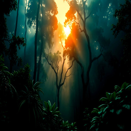 Foggy tropical forest with sunbeams. Nature background.の写真素材
