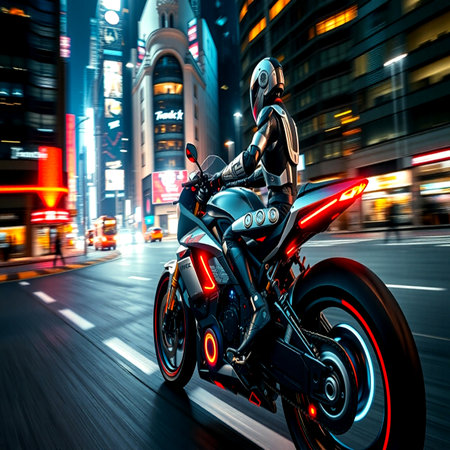 Motorcycle in the city at night with motion blur. 3d renderingの写真素材
