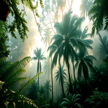 Tropical jungle with palm trees and fog. Nature background.