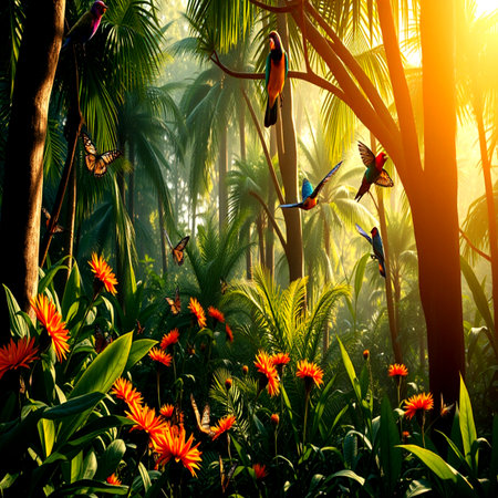 Colorful parrots in the tropical forest at sunset. Beautiful nature backgroundの写真素材