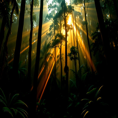 tropical forest with sunbeams and rays of light in the morningの写真素材