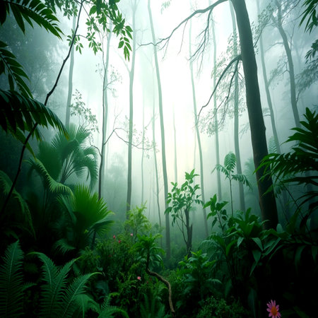 Tropical rainforest with fog and sunbeams in the morningの写真素材