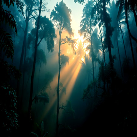Sun rays through the mist in the tropical rainforest, Thailand.の写真素材