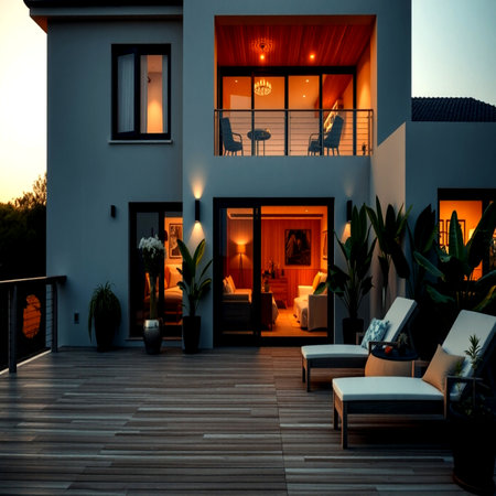 Luxury house with terrace and swimming pool at sunset.の写真素材