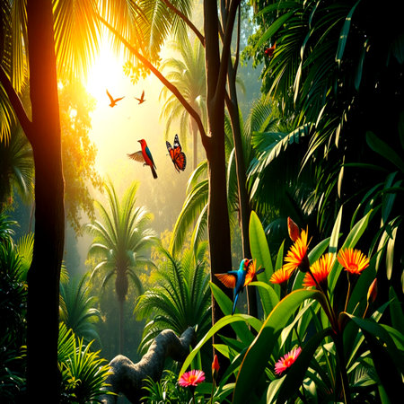 Sunset in the tropical garden. Colorful flowers and butterflies.の写真素材