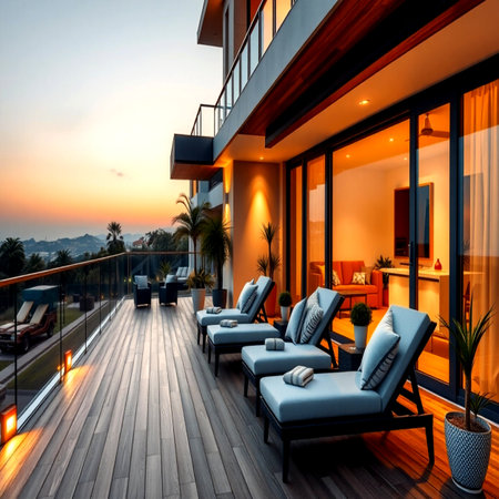 Balcony of a modern villa with terrace at sunsetの写真素材
