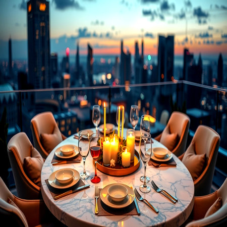 Luxury table with glasses of wine and candles on the background of the cityの写真素材