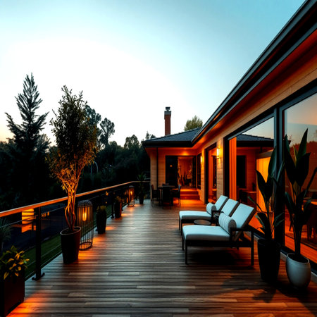 Outdoor terrace of a luxury villa with wooden floor.