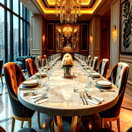 Luxury interior of a restaurant with a large table and chairsの写真素材