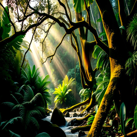Beautiful tropical rainforest with sunlight shining through the tree branches.