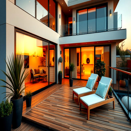 Luxury house with terrace at sunset. 3d renderingの写真素材