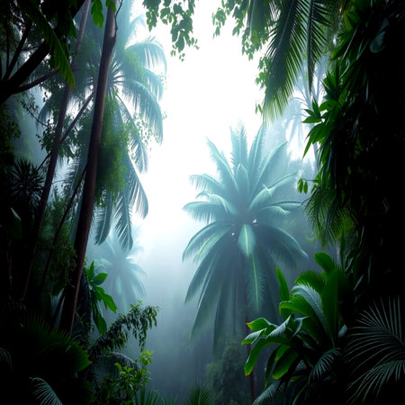 Tropical rainforest with palm trees and fog in the morningの写真素材