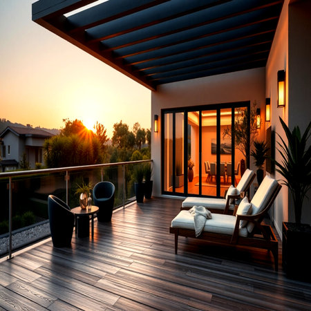 Sunset on the terrace of the house. 3d renderingの写真素材