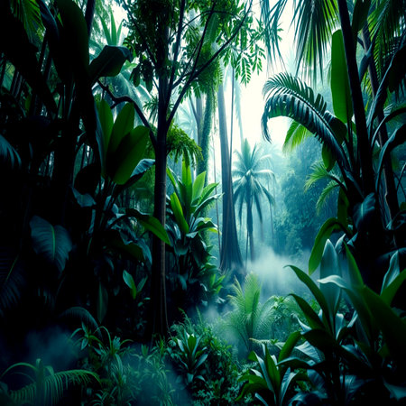 Tropical rainforest with fog and green plants. Nature backgroundの写真素材