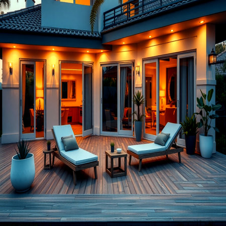Outdoor patio of luxury villa at sunset. 3d rendering