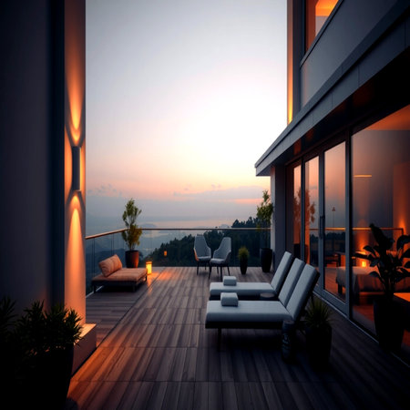 3d rendering of terrace with sea view and sunset in the backgroundの写真素材