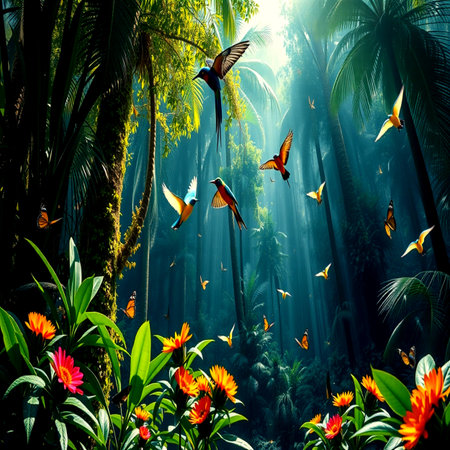 Beautiful tropical landscape with butterflies and flowers. 3d render.の写真素材