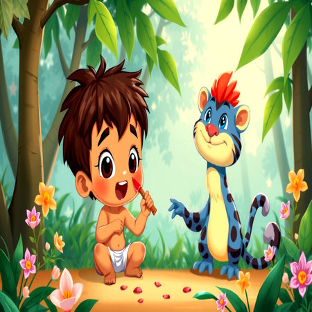 Vector illustration of Cartoon baby boy and tiger in the jungle with flowersの写真素材