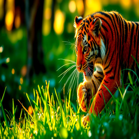 Close up of tiger in the green grass. (Panthera tigris altaica)の写真素材