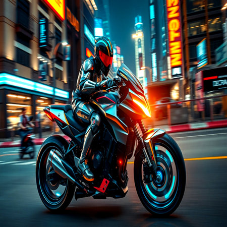 Motorcycle rider in the city at night. 3d rendering.の写真素材