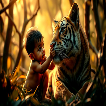 Little boy playing with tiger in forest at sunset. Animal theme.