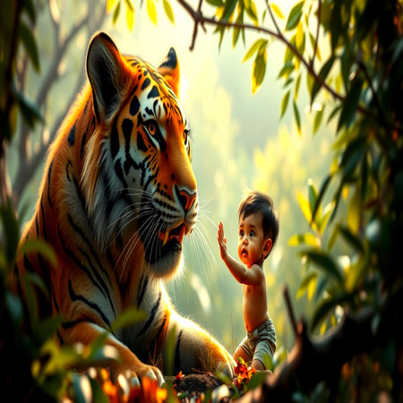 Baby and tiger in the forest. Tiger and baby on nature background.の写真素材