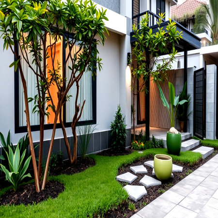 Luxury house exterior design with garden and beautiful landscaping.