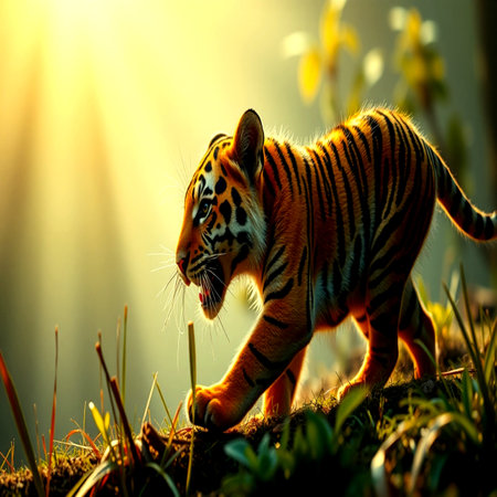 Tiger walking on the green grass with sunlight background.の写真素材