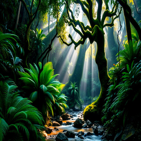 Fantastic tropical jungle landscape with river and sunlight. Nature background