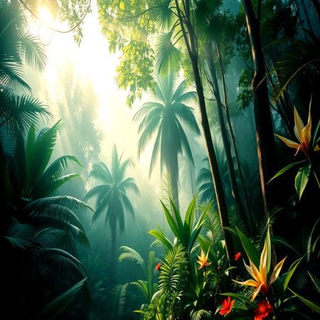 Tropical forest with sunbeams and fog. Nature background