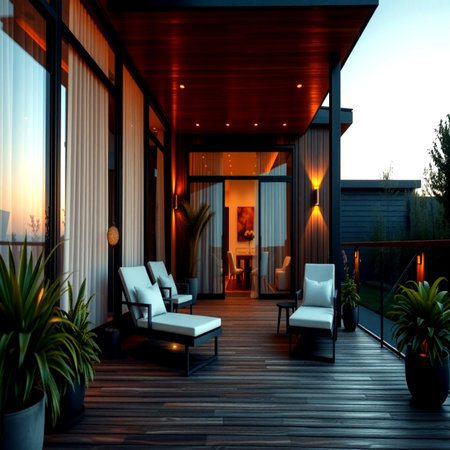 Outdoor terrace with wooden deck and chairs. 3d renderingの写真素材