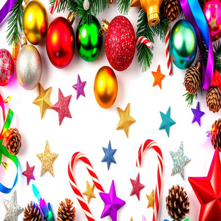 Christmas background with christmas decorations and candy canes on white backgroundの写真素材