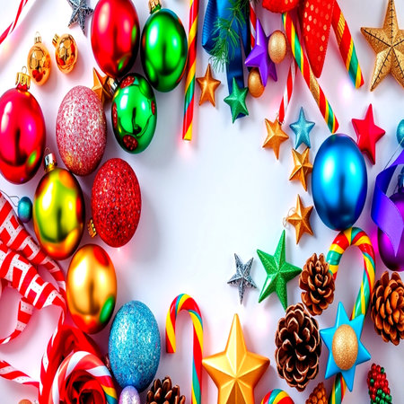 Christmas and New Year background with baubles, stars and candiesの写真素材