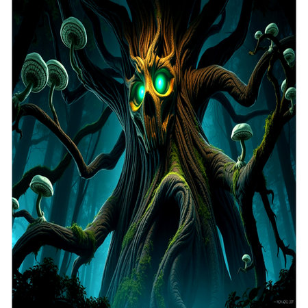 Fantasy illustration of an old tree in the forest with monster face.の写真素材
