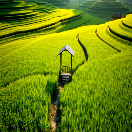 Green Terraced Rice Field in Mu Cang Chai, YenBai, Vietnamの写真素材