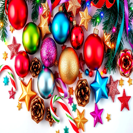 Christmas and New Year background. Colorful christmas baubles, stars and pine cones on white backgroundの写真素材