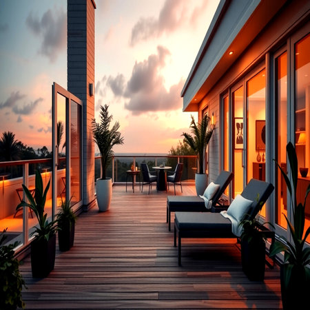 Outdoor terrace with sea view and wooden deck at sunset.の写真素材
