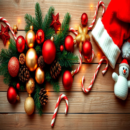 Christmas decoration on wooden background. Top view with copy space. Flat layの写真素材