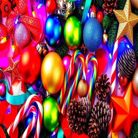Christmas background with baubles, candies and fir tree branchesの写真素材