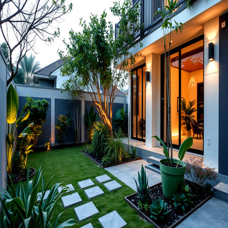 Beautiful modern villa with landscaped garden and patio area.の写真素材