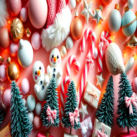 Christmas composition. Gifts, christmas tree, snowman and decorations on red background. Flat lay, top view, copy spaceの写真素材