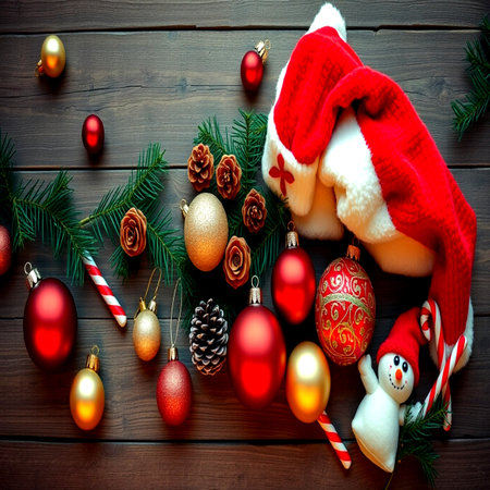 christmas decoration on dark wooden background top view space for text.の写真素材